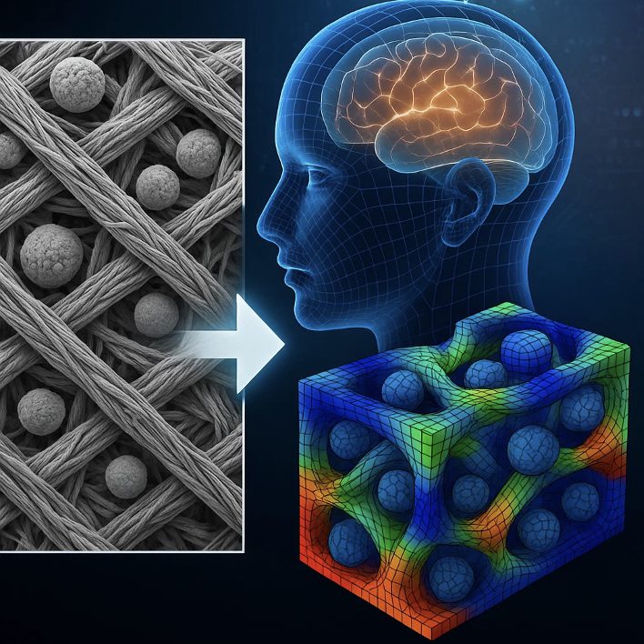 Scanning electron micrograph of composite fibres mapped to a modelled defect volume