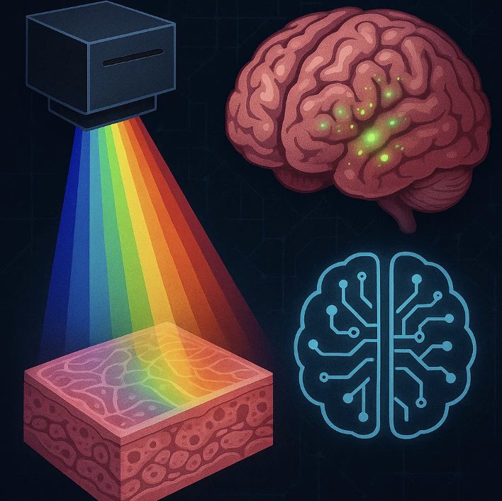 Hyperspectral light dispersed across a tissue sample beside a brain illustration