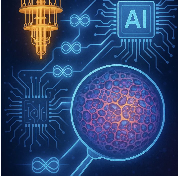 Quantum processor and AI circuitry beside a magnified tissue cross-section
