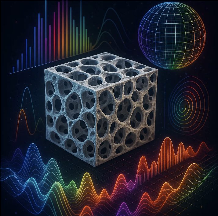 Bone lattice cube surrounded by acoustic waveforms and frequency spectra