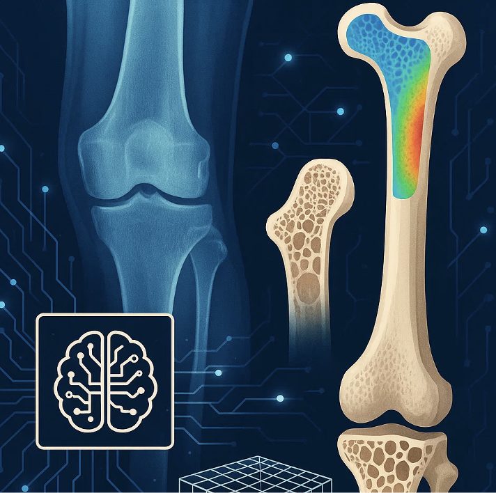 Knee radiograph beside a femur rendered with a strain colour map and trabecular bone detail